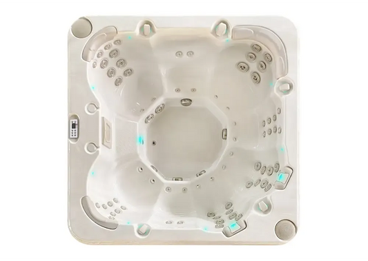 PassionSpa Resettle-spabad – Pure Collection, cremefarvet overflade, blå LED-belysning, massagedyser