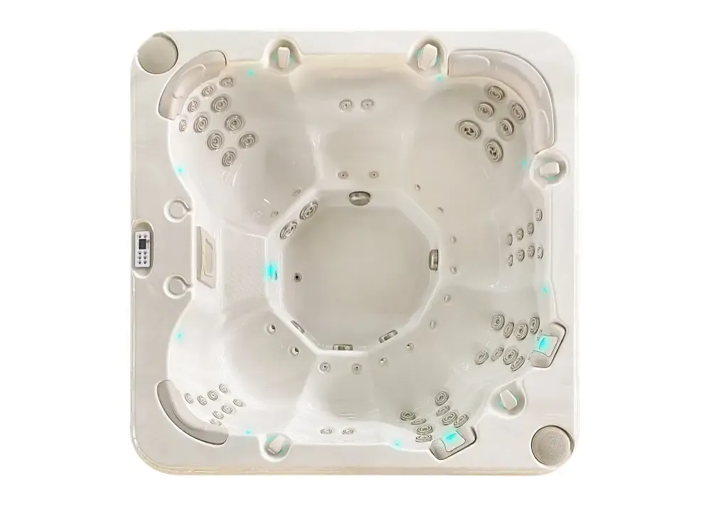 PassionSpa Resettle-spabad – Pure Collection, cremefarvet overflade, blå LED-belysning, massagedyser