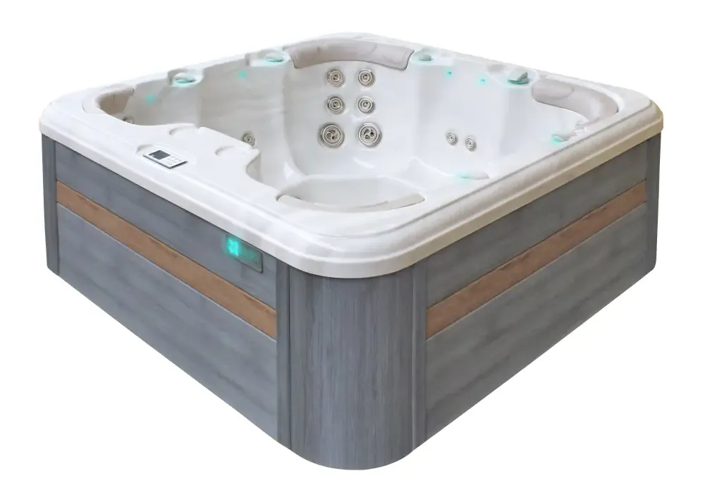 PassionSpa Rewind-spabad – moderne design, grå træpaneler, hvid inderside, blå belysning