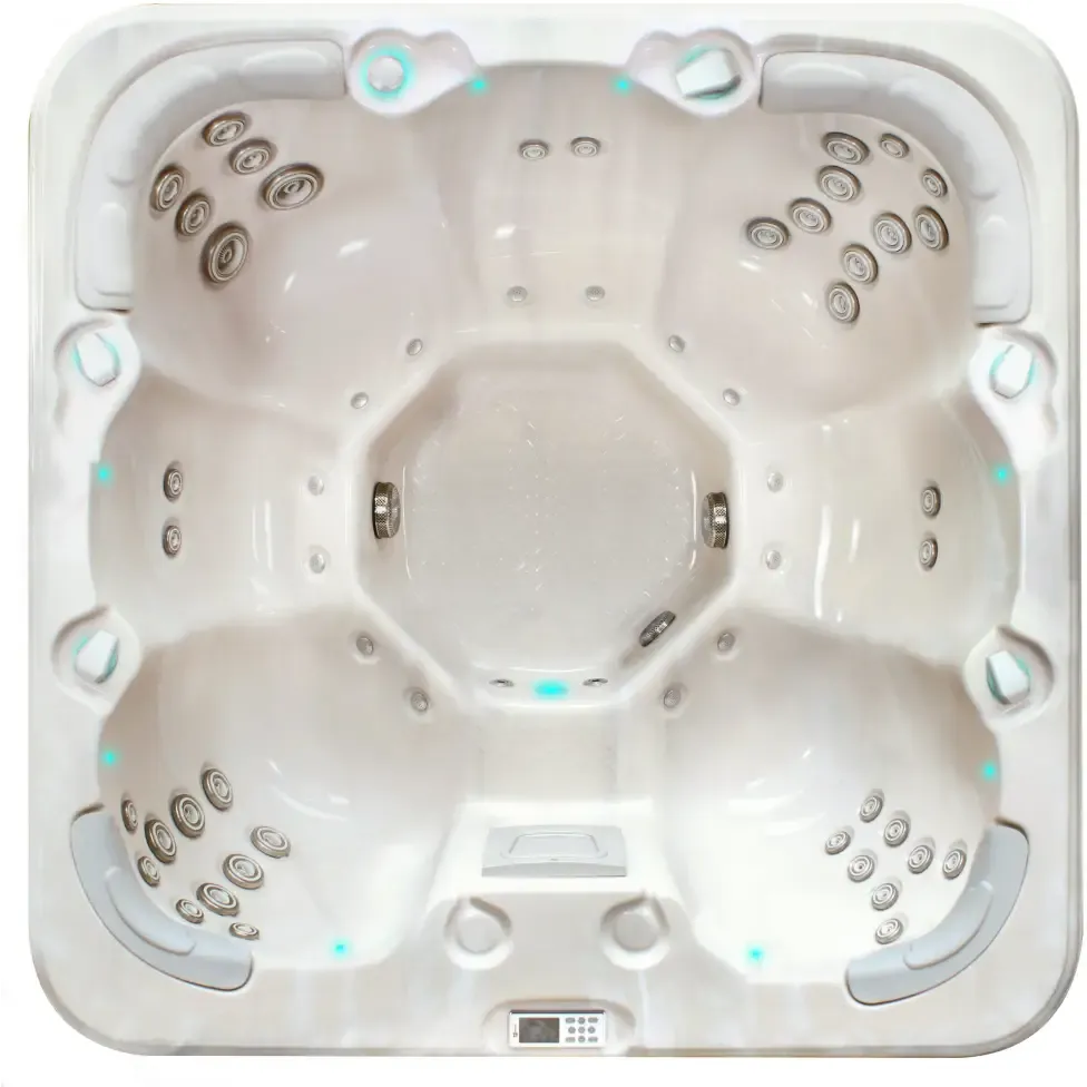 PassionSpa Rewind-spabad – Pure Collection, hvid overflade, siddepladser, massagedyser, kontrolpanel