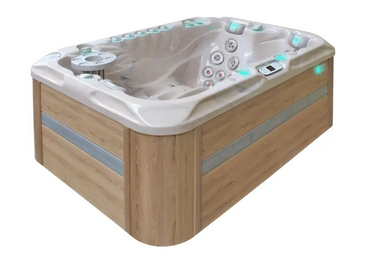 PassionSpa Sensation-spabad – beige træbeklædning, kontrolpanel, blå LED-belysning