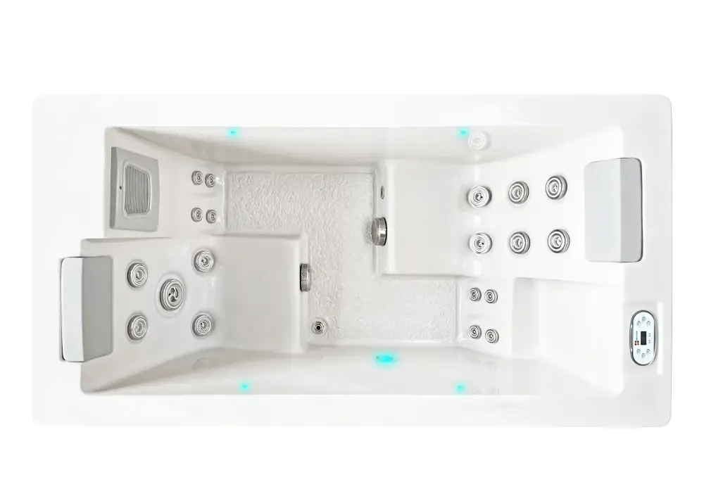 PassionSpa Serene 2-spabad – hvid overflade, rektangulær form, sølvfarvede massagedyser, blå LED-belysning