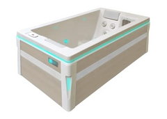 PassionSpa Serene 2-spabad – beige og hvid, moderne design, kanter med turkis LED-belysning