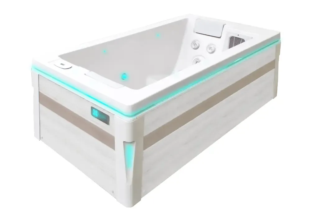 PassionSpa Serene 2-spabad – beige og hvid, trælook, turkis LED-belysning