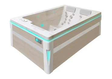 PassionSpa Serene 3-spabad – lys træbeklædning, hvid inderside, turkis LED-belysning