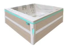 PassionSpa Serene 6-spabad – moderne design, rektangulær form, lys træbeklædning, hvid inderside, turkis LED-belysning