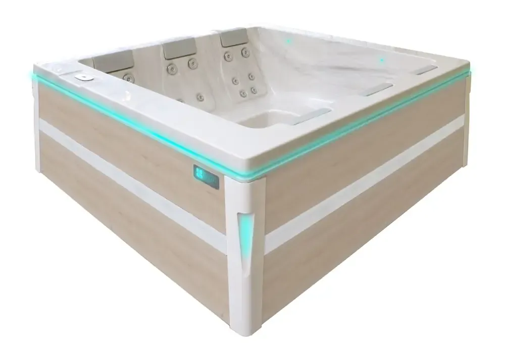 PassionSpa Serene 6-spabad – moderne design, rektangulær form, lys træbeklædning, hvid inderside, turkis LED-belysning