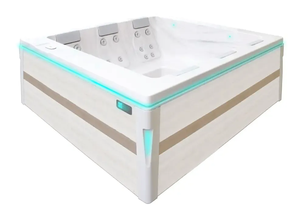PassionSpa Serene 6-spabad – moderne design, beige og hvid, turkis LED-belysning