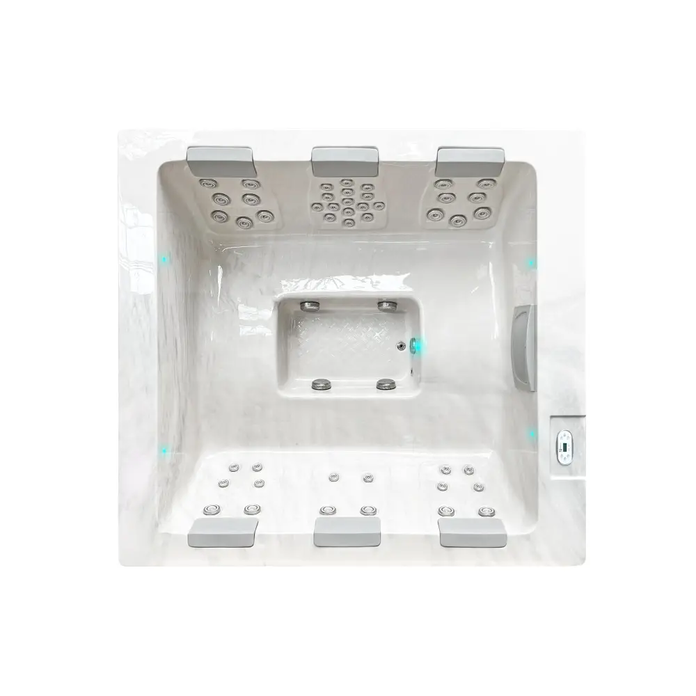 PassionSpa Serene 6-spabad – hvid overflade, rektangulær form, sølvfarvede massagedyser, kontrolpanel