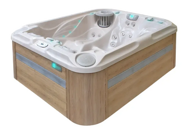 PassionSpa Soulmate beige träbad med silverpaneler blå LED och jetmunstycken