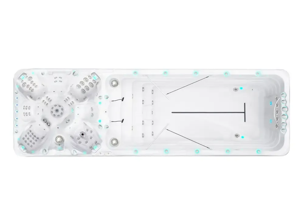 PassionSpa Vitality-swimspa – hvid overflade, rektangulær form, siddepladser, massagedyser, turkis belysning