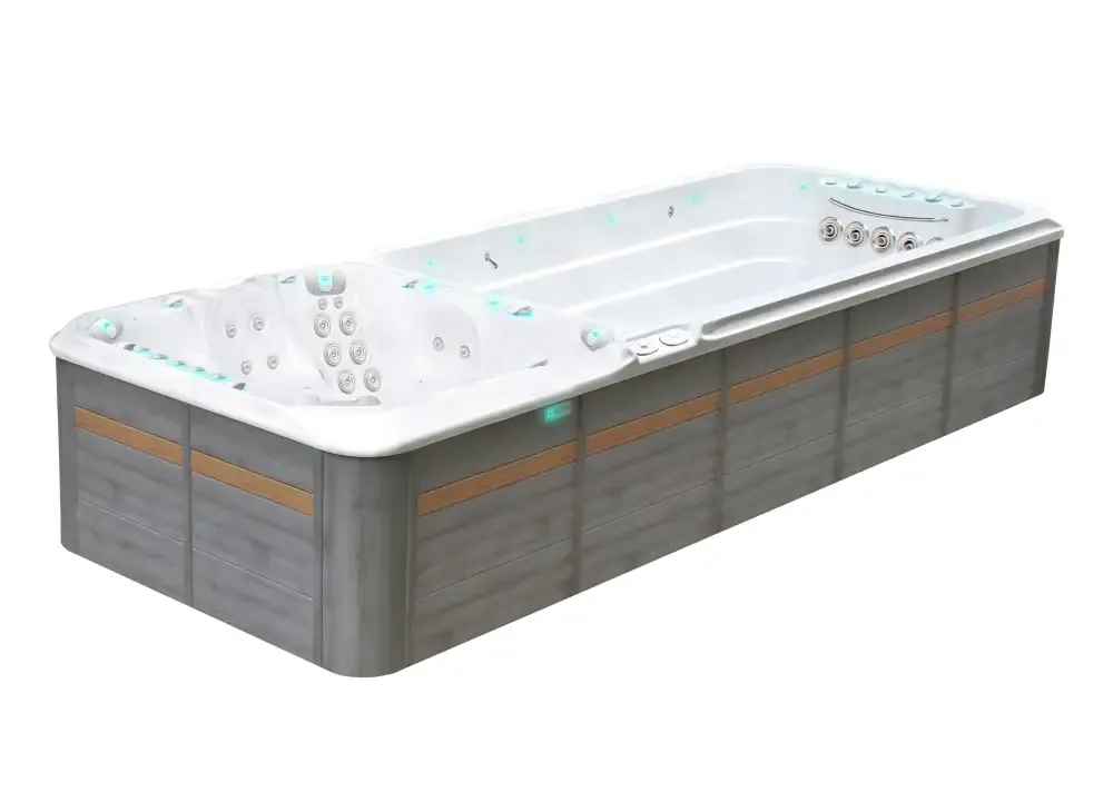 PassionSpa Vitality-swimspa – moderne design, grå træpaneler, hvide massagedyser, blå belysning