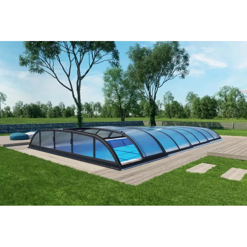 Blå böjd glas Pooltak Dallas 3x6 i klar kanalplast med svart ram