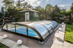 Dallas-pooltag – 3 x 6, klar kanalplast, buet panel, sort ramme