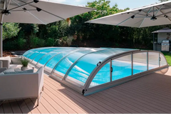 Dallas-pooltag – 3 x 6, klar kanalplast, sølvfarvet ramme, buet design