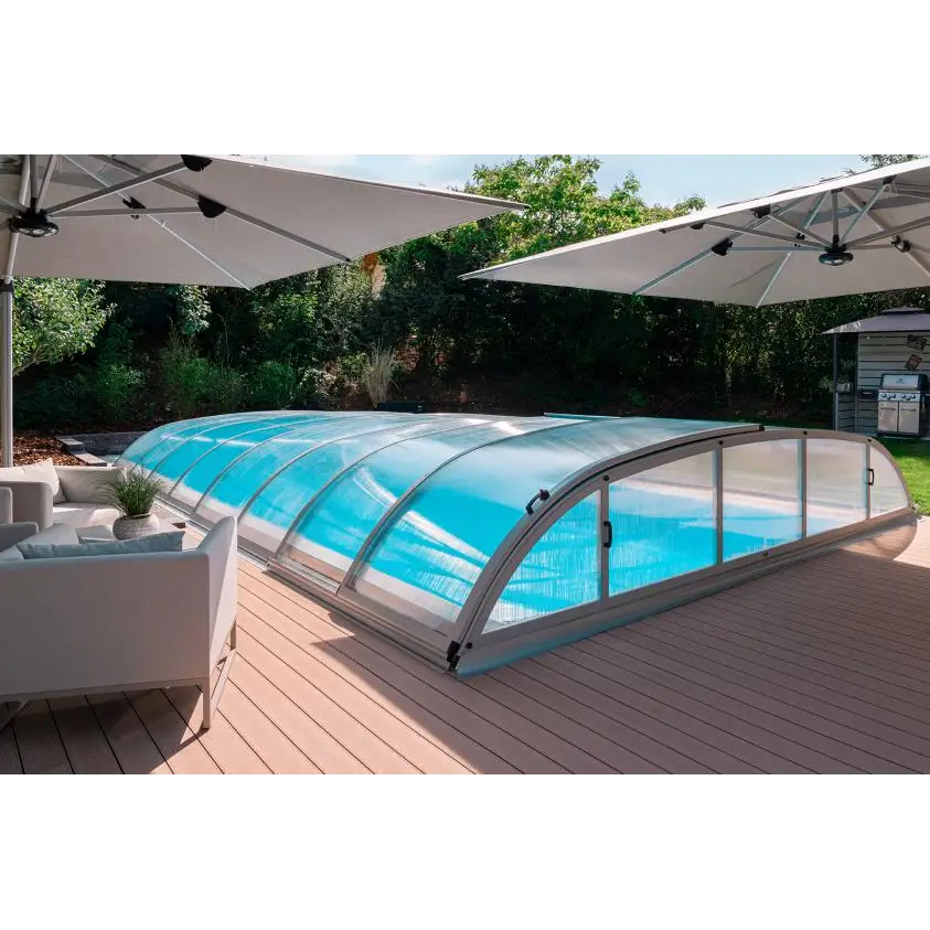 Pooltak Dallas 3x6 i klar kanalplast med silver ram och böjd design