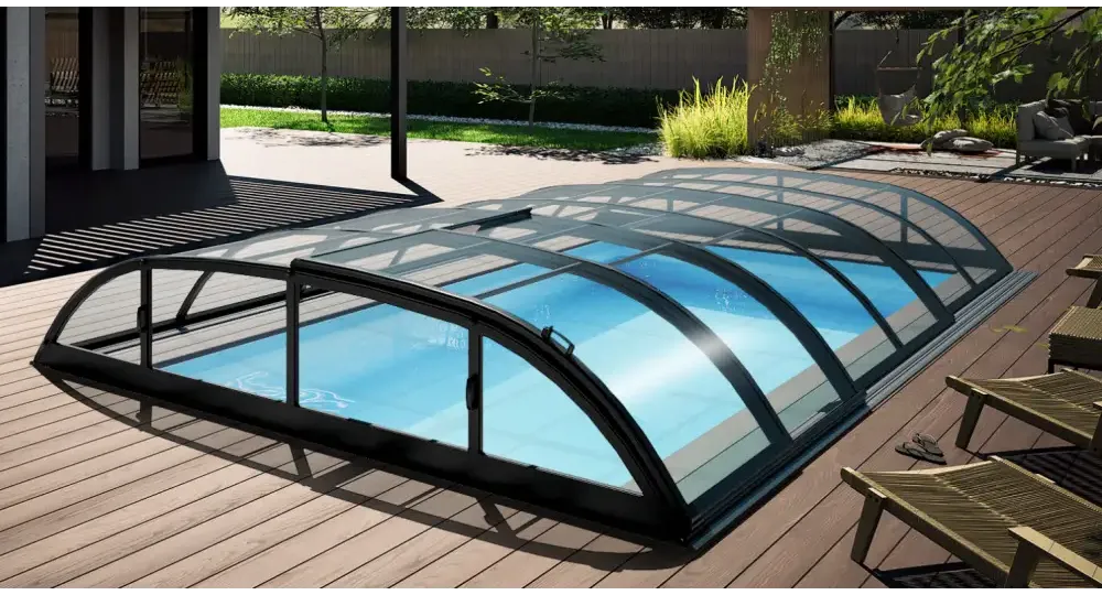 Pooltak Dallas 3×6 med svarta ramar och kurvad glasdesign