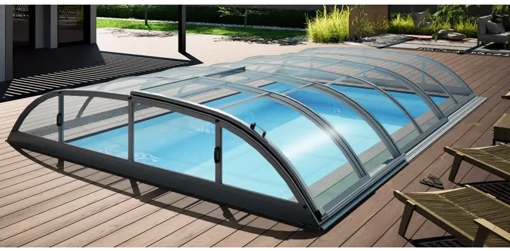 Dallas-pooltag – 3 x 6, moderne design, hvælvet design, klare paneler, sort metalramme
