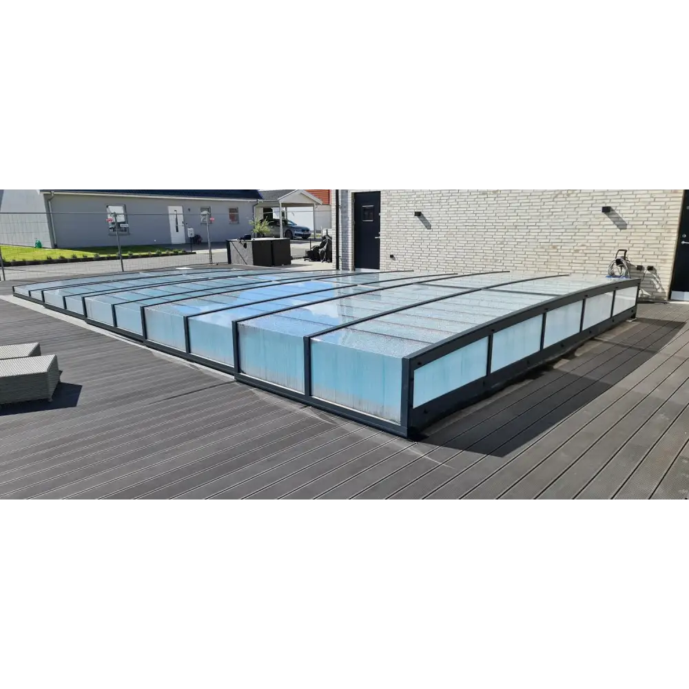 Pooltaket Icon med sarg klarplast antracit, modern svart ramad glaspooltak