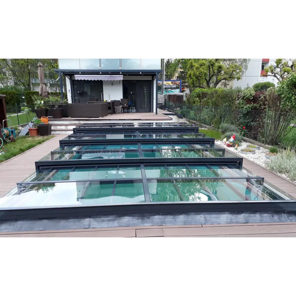 Modern Pooltak ICON 4x8 uden ramme klarplast antracit med svart metallram