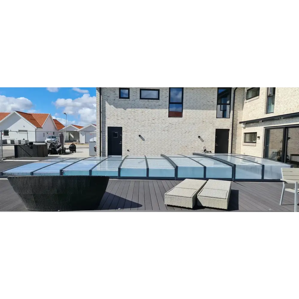 Modern Pooltak ICON 4×8 uden ramme klarplast antracit med glas och svart metall