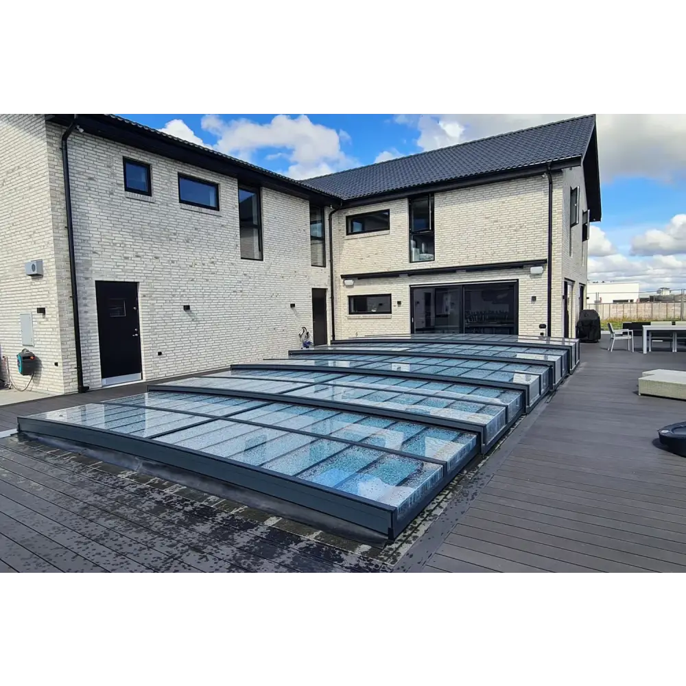 Pooltak Icon 4x8 uden ramme klarplast antracit med glas tak över trädäck