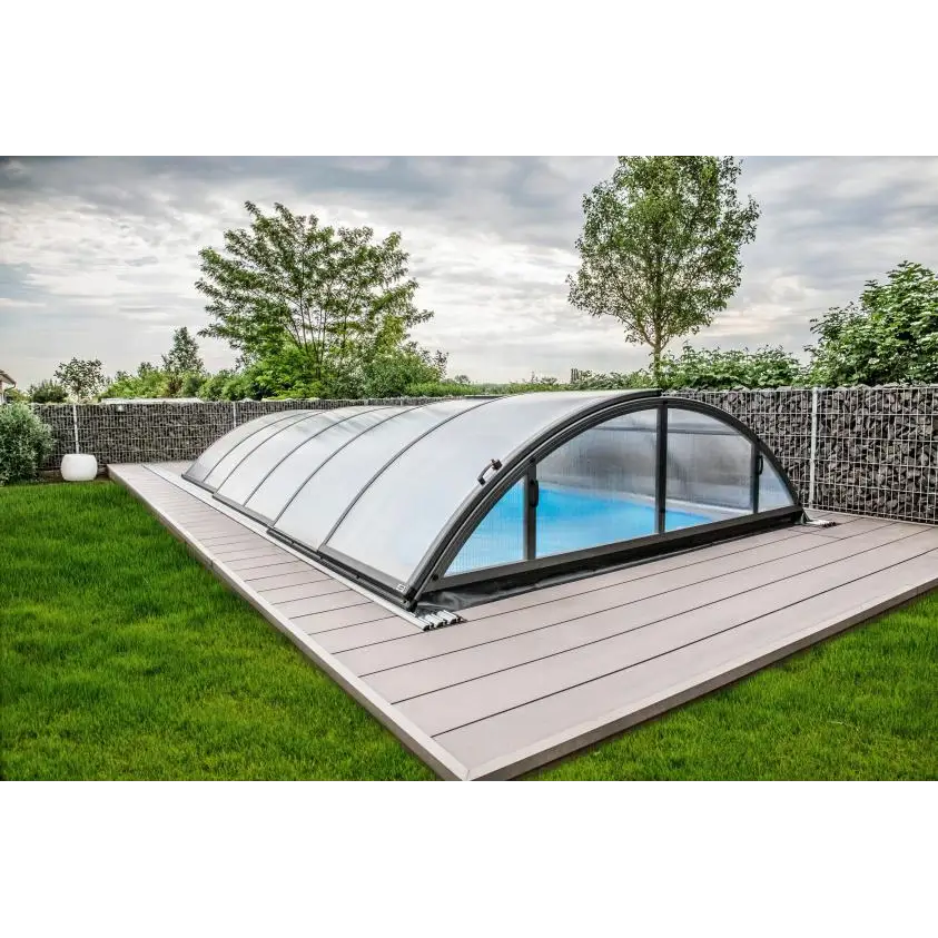 Elegant pooltak Klasik 5x10 med klar kanalplast över pool