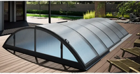Pooltak Klasik 5×10 med modern valvformad pooltäckning, translucenta paneler och svart metallram