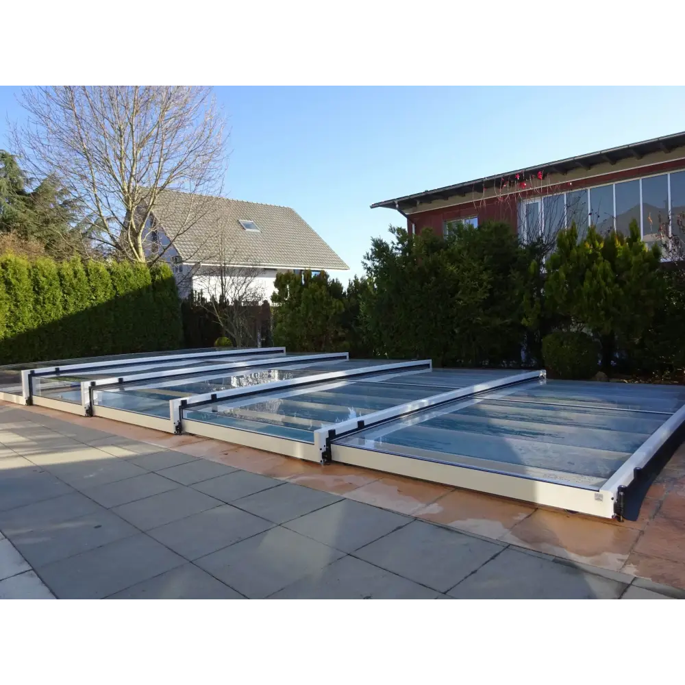 Modern Pooltak Mästare Plus med glasdesign och mörk ram, 5x10 m