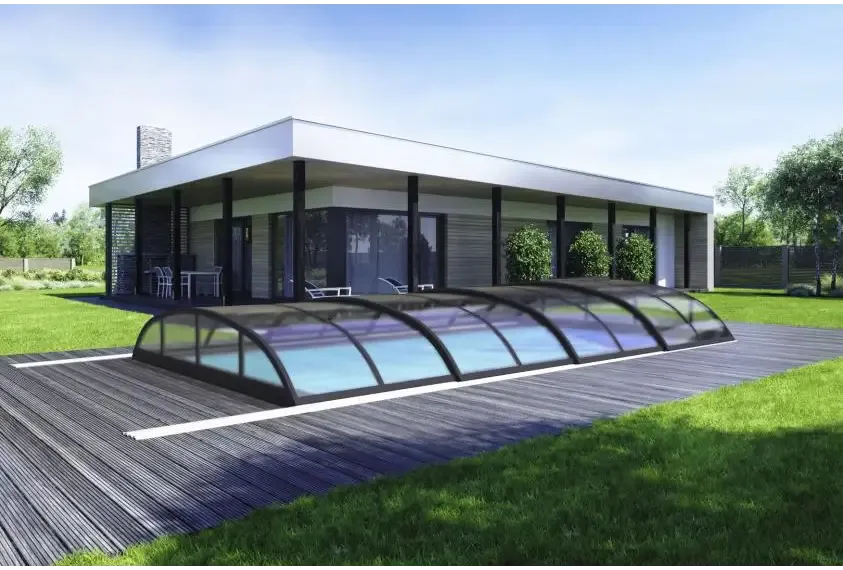 Smart-pooltag – moderne design, hvælvet design, klar kanalplast, sort ramme