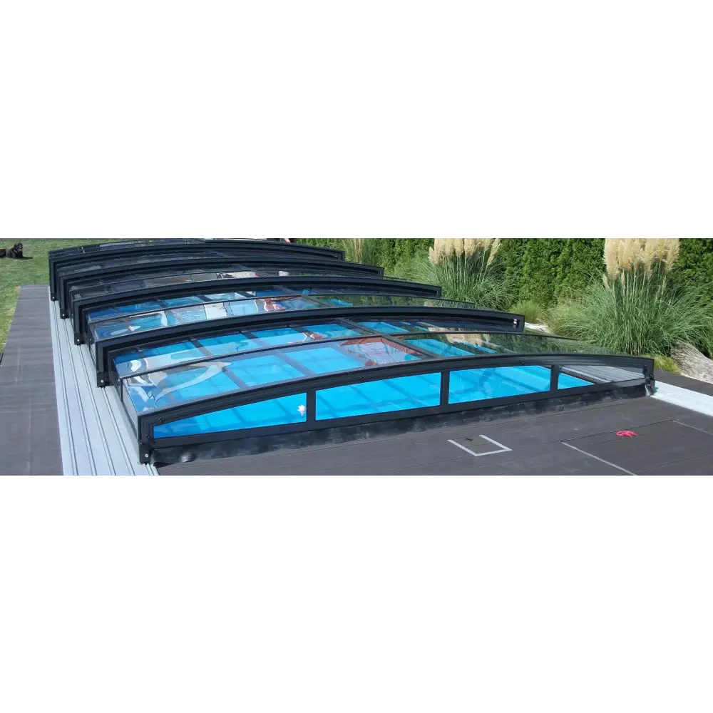 Pooltaket Special med RAL7016 antracit profiler, svart ramad glastak med valvdesign