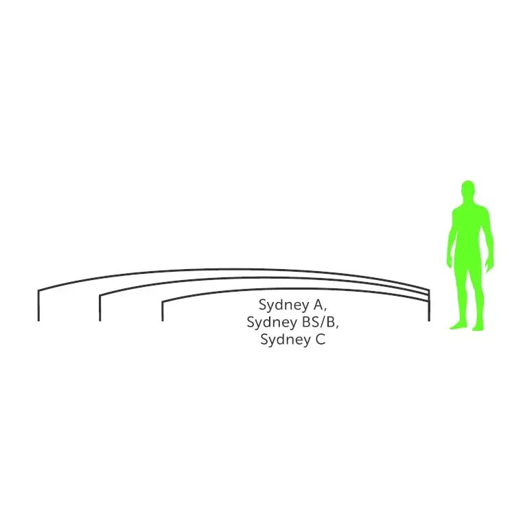Minimalist svart linjeritning av Sydney pooltak med sittplatser och grön figur ena sidan