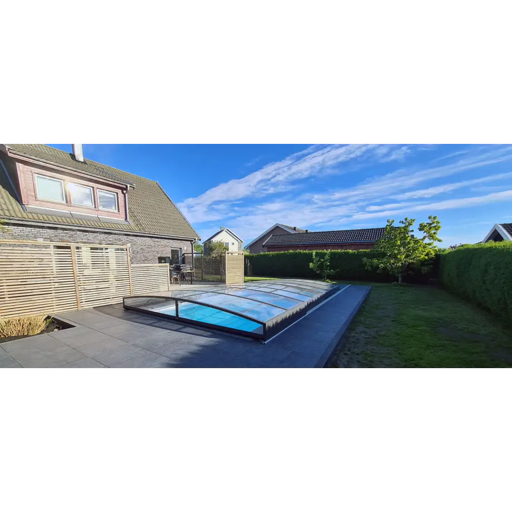 Klar glaspooltak med svart ram, Pooltak Sydney 3.5×4.2 enkelskena antracit