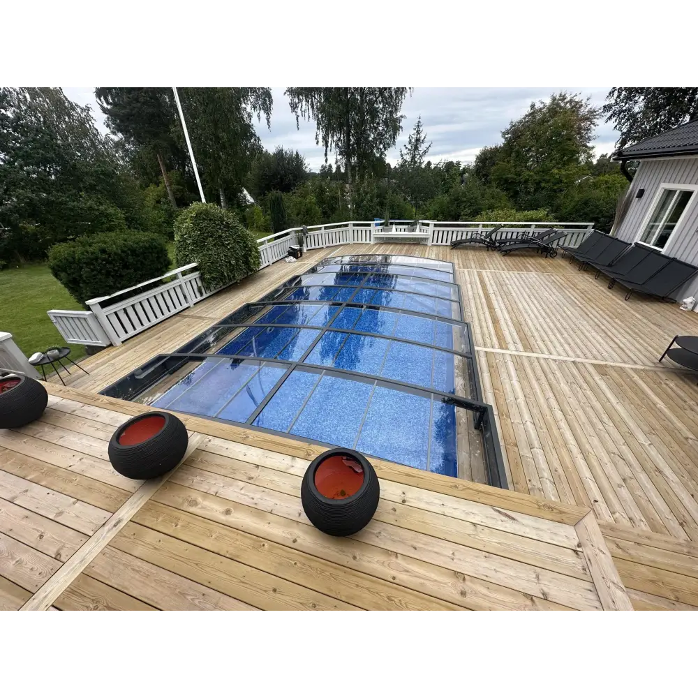 Transparent Pooltak Sydney 3.5×4.2 med blå texturerad yta och antracit ram