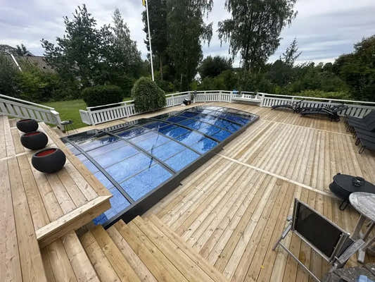 Sydney 3 x 5-pooltag – elegant design, klare paneler, over en blå pool