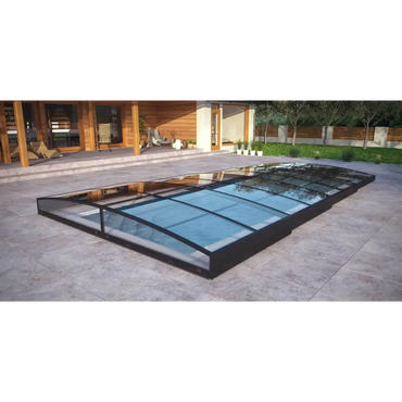 Pooltak Sydney 4x7 med svart ram och transparenta paneler