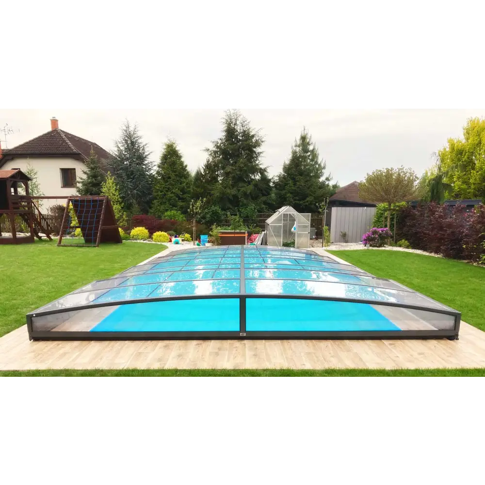 Ultra lågt pooltak Sydney 4x7 i blåtonat glas med svart ram