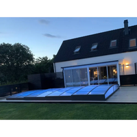 Ultra lågt pooltak med mörk ram över blå pool i glasrum