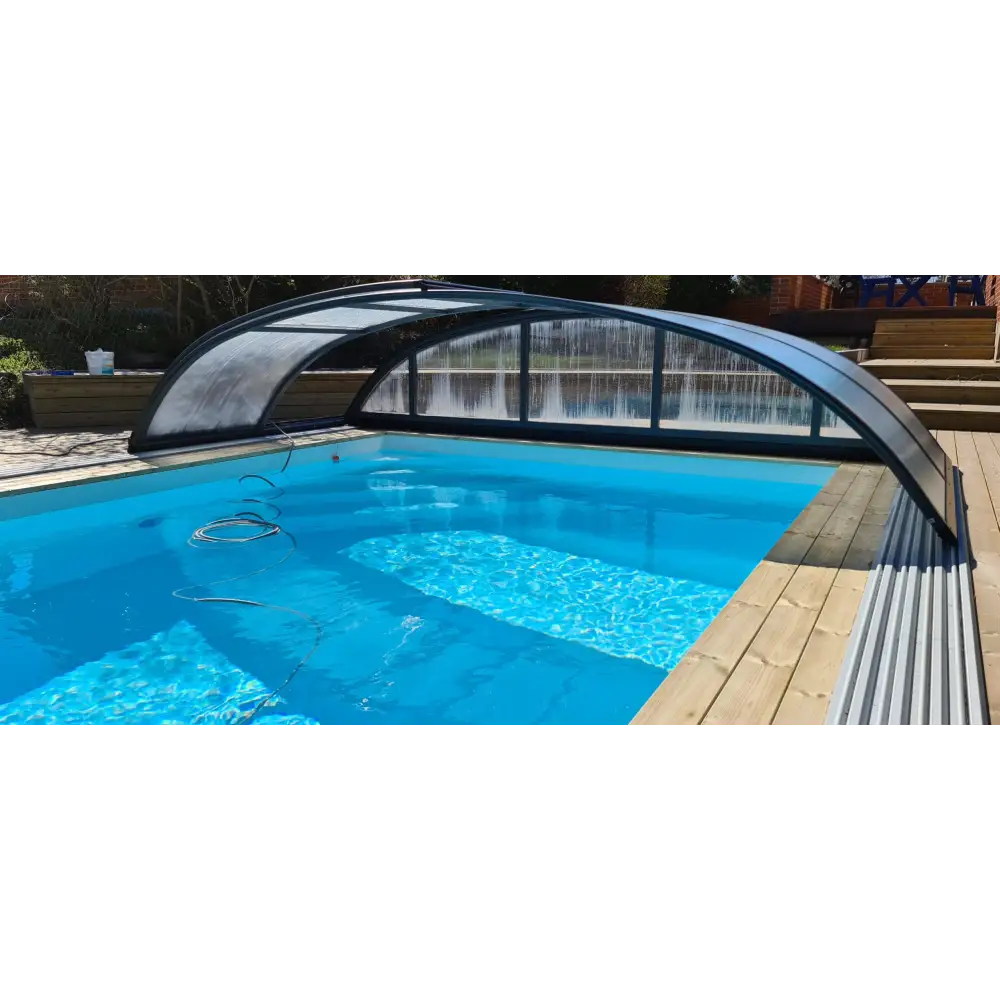 Pooltime Exklusiv 12mm PP pool med blå rektangulär form och träkanter