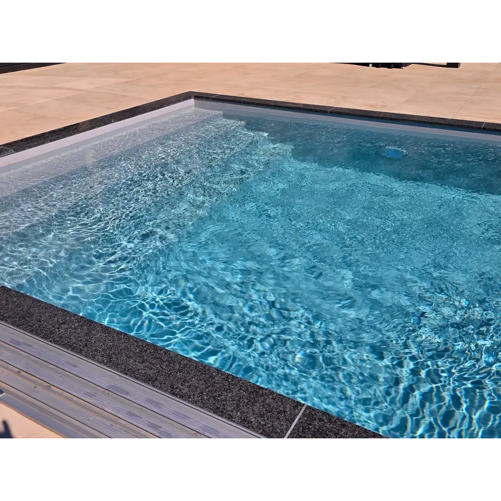 Clear blue pooltime exklusiv 12mm pp pool 3 x 6 x 1,5 m with rippling water and dark tiled edges ideal for köpa pool and pooltak