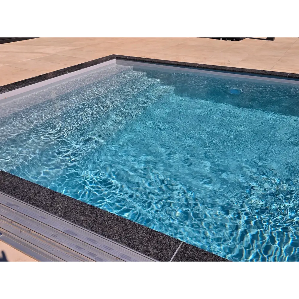 Clear blue pooltime exklusiv 12mm pp pool 4 x 10 x 1,5 m with rippling water and dark tiled edges ideal to köpa pool or pooltak