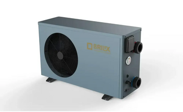 Grå poolvärmepump Brilix XHPFDPLUS 12kW R32 utomhusmodell med svart fläkt