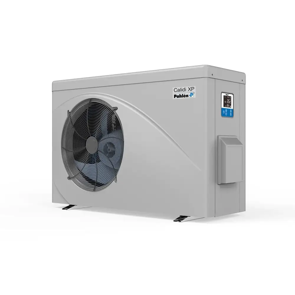 Grå Pahlén Calidi XP10 utomhus luft-vatten värmepump med cirkulär fläktgaller och digital display