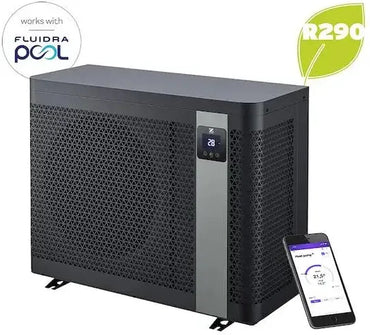 Svart rektangulär Z260iQ MD5 13kW poolvärmare med silverpanel och digital display