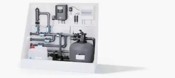 Grå cylindrisk sandfiltertank i Thermopp Poolpaket Qbig-system