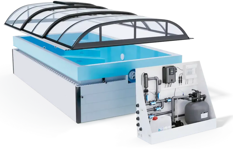 Modern vit pool med Thermopp Poolpaket Qbig, glas tak och filtrering