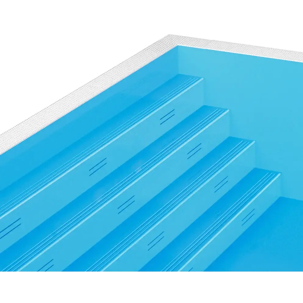 Blå pooltrappor med greppvänlig yta i ThermoPP Poolpaket QBig Overflow 3×5