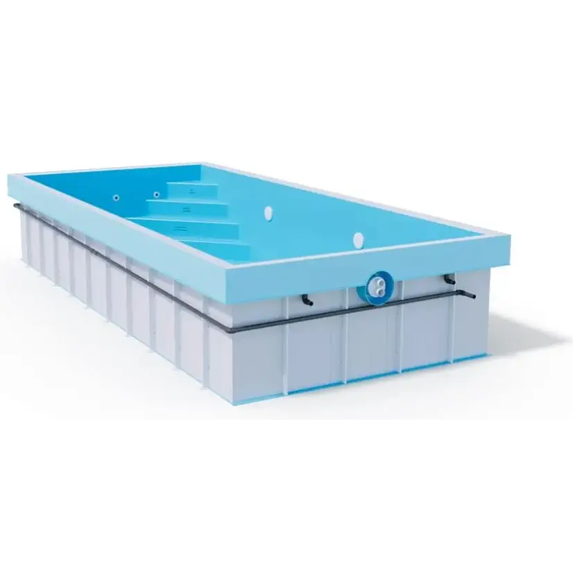 Rektangulär pool ovan mark med ljusblå insida, vit panel, inbyggda steg, ThermoPP Poolpaket QBig Overflow 3.5×7