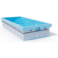 Rektangulär pool ovan mark med ljusblå insida, vit panel, inbyggda steg, ThermoPP Poolpaket QBig Overflow 3.5×7