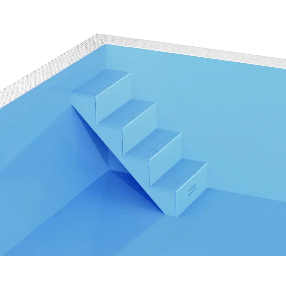 Blå pooltrappa med texturerade steg och vit kaklad kant i ThermoPP Poolpaket QBig Overflow 3.5×7